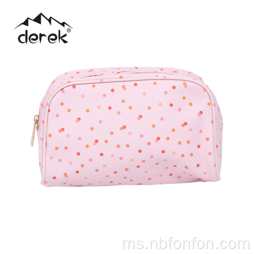 Cetak cetak pu twill beg solek/beg solek zip logam/titik polka merah jambu kecil beg cetak kalis air